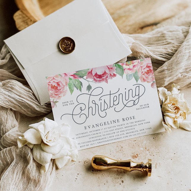 Antique Peony Christening Invitation (Creator Uploaded)
