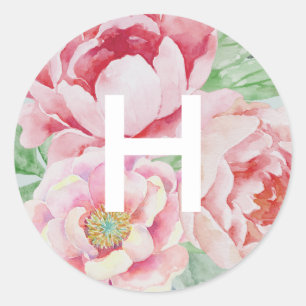 Antique Peony Monogram Classic Round Sticker
