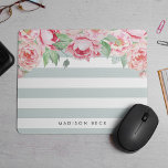 Antique Peony & Sage Stripe Mouse Pad<br><div class="desc">Modern peony floral mousepad features chic pastel mint green stripes with a bouquet of blush and sage watercolor peonies blooming from the top. Personalise with a name,  monogram or message using the field provided.</div>