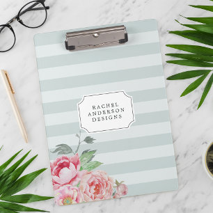 Antique Peony Watercolor Floral Striped Clipboard