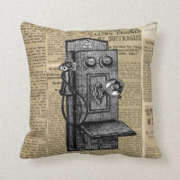 Antique Phone on Vintage Newsprint Throw Pillow