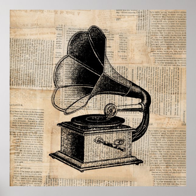 Antique Phonograph Talking Machine Music Art Poster (Front)