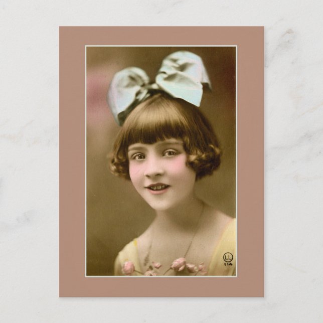 Antique photo 1920s girl with hair bow postcard (Front)