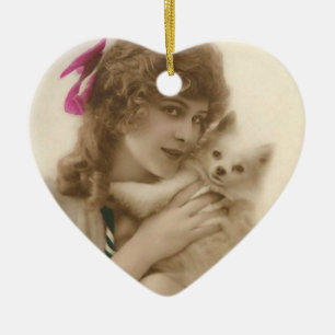 Antique Photo Victorian Woman and Dog Ceramic Tree Decoration
