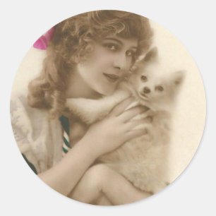 Antique Photo Victorian Woman and Dog Classic Round Sticker