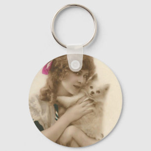 Antique Photo Victorian Woman and Dog Key Ring
