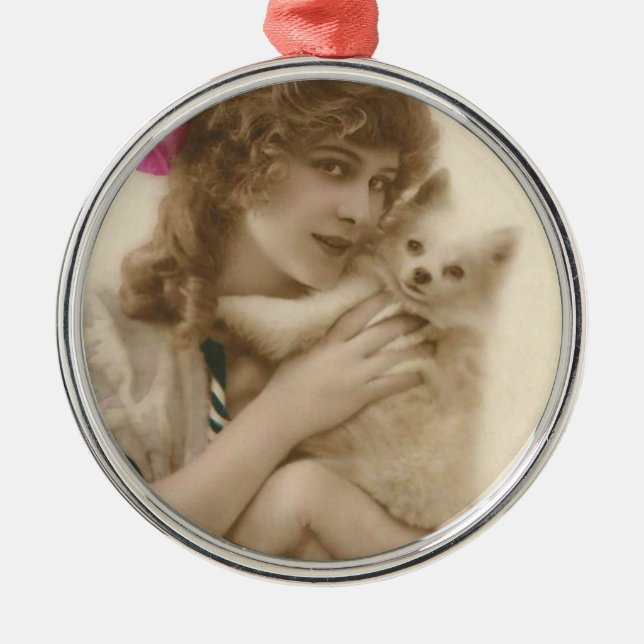 Antique Photo Victorian Woman and Dog Metal Tree Decoration (Front)