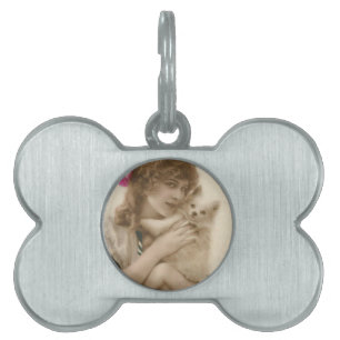 Antique Photo Victorian Woman and Dog Pet Name Tag