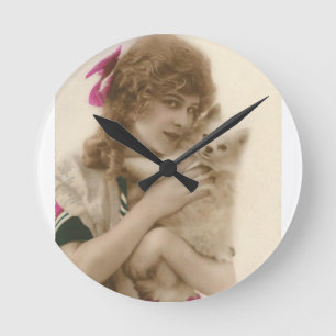 Antique Photo Victorian Woman and Dog Round Clock
