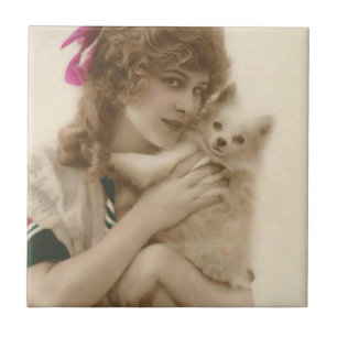 Antique Photo Victorian Woman and Dog Tile