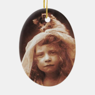 Antique Photograph Girl Cat on Head Funny Ceramic Tree Decoration