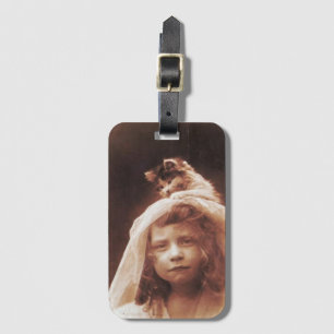 Antique Photograph Girl Cat on Head Funny Luggage Tag