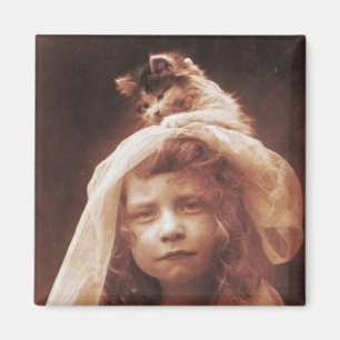 Antique Photograph Girl Cat on Head Funny Magnet
