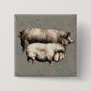 Antique Pigs Vintage piggy drawing 15 Cm Square Badge