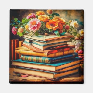 Antique Pile of Vintage Books and Flowers Magnet