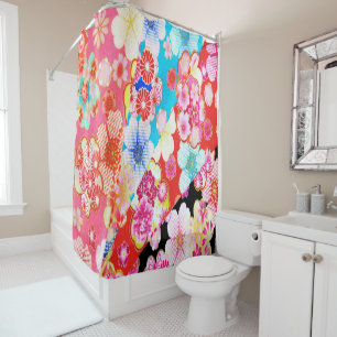 Antique Pink Blue Red Japanese Kimono Floral Shower Curtain