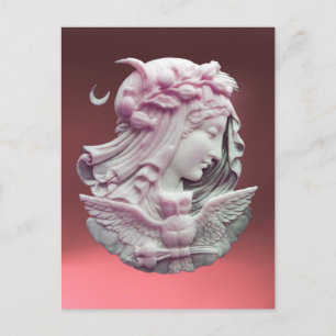 ANTIQUE PINK CAMEO,MOON LADY OF NIGHT WITH OWL POSTCARD
