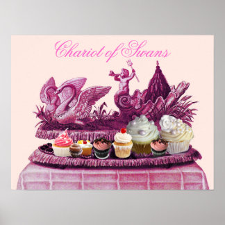ANTIQUE PINK CHARIOT OF SWANS AND CUPCAKES POSTER