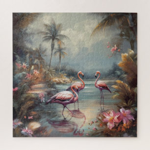 Antique Pink Flamingo Tropical Paradise Art Jigsaw Puzzle