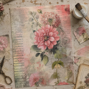 Antique Pink Floral, Ephemera, Script Decoupage Tissue Paper