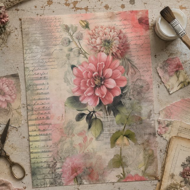 Antique Pink Floral, Ephemera, Script Decoupage Tissue Paper (Creator Uploaded)