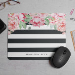 Antique Pink Peony & Charcoal Stripe Mouse Pad<br><div class="desc">Modern peony floral mousepad features chic off-black charcoal stripes with a bouquet of blush pink and sage green watercolor peonies blooming from the top. Personalise with a name,  monogram or message using the field provided.</div>
