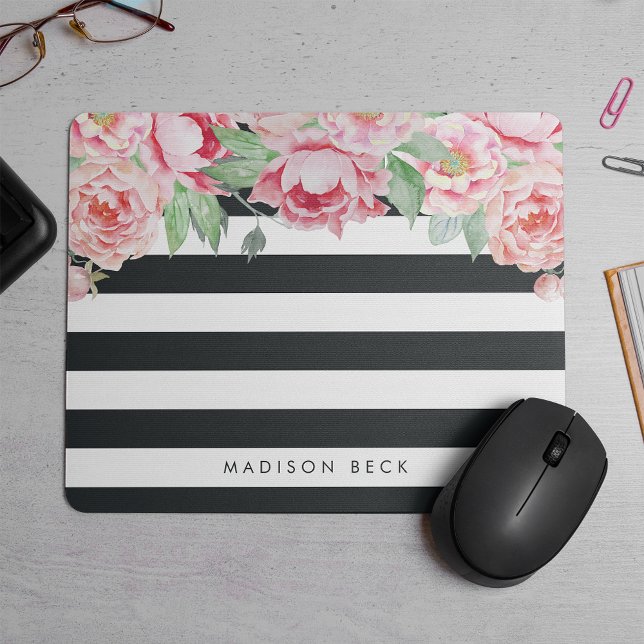 Antique Pink Peony & Charcoal Stripe Mouse Pad (Creator Uploaded)
