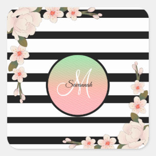 Antique Pink Peony & Charcoal Stripe  Square Sticker