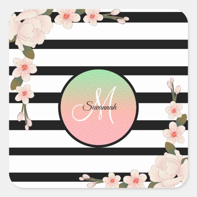 Antique Pink Peony & Charcoal Stripe  Square Sticker (Front)