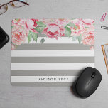 Antique Pink Peony & Greige Taupe Stripe Mouse Pad<br><div class="desc">Modern peony floral mousepad features chic greige taupe or grey-beige stripes with a bouquet of blush pink and sage green watercolor peonies blooming from the top. Personalise with a name,  monogram or message using the field provided.</div>