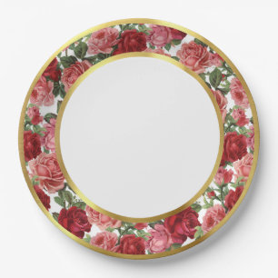 Antique Pink & Red Victorian Garden Roses Gold Rim Paper Plate