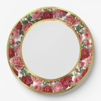 Antique Pink & Red Victorian Garden Roses Gold Rim Paper Plate