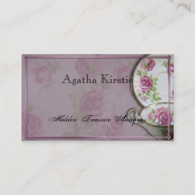 Antique Pink Rose Tea Cup on Mauve Business Card (Front)