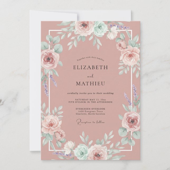 Antique Pink Rose Wedding Invitation (Front)