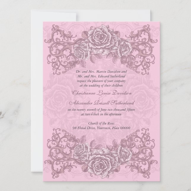 Antique Pink Roses Wedding Invitation (Front)