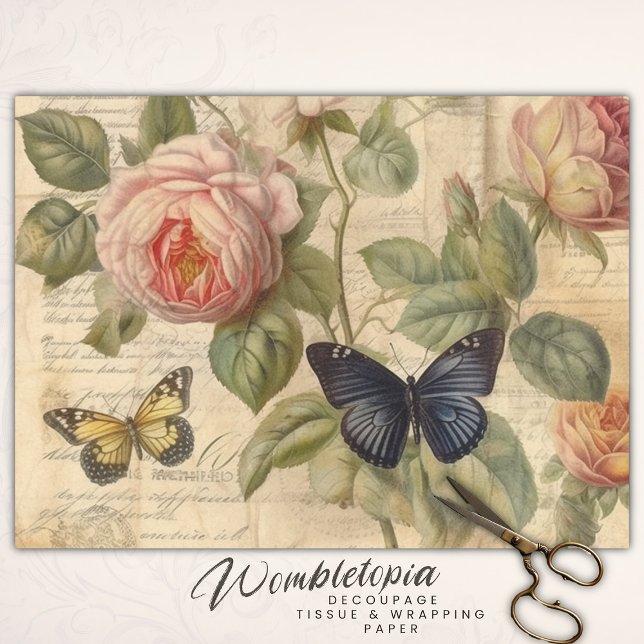 Antique Pink Roses with Butterflies Decoupage   Tissue Paper (Creator Uploaded)