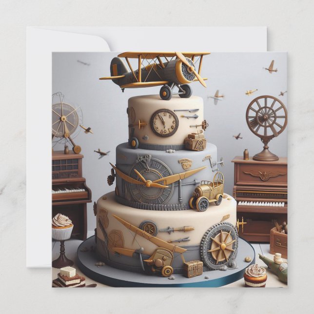 ANTIQUE PLANE THEMED BIRTHDAY CAKE  INVITATION (Front)