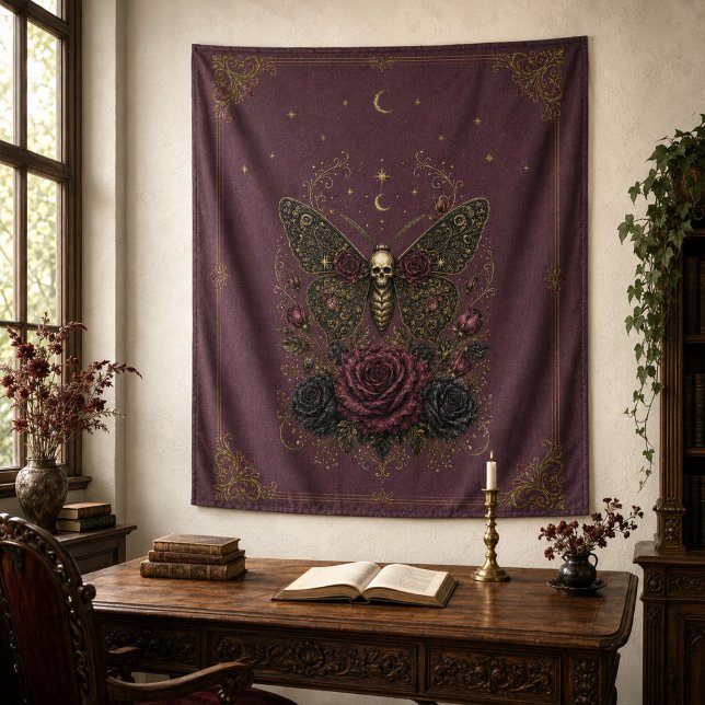 Antique Plum Victorian Gothic Death’s Head Moth  Tapestry (Antique Plum Victorian Gothic Death’s Head Moth Tapestry)