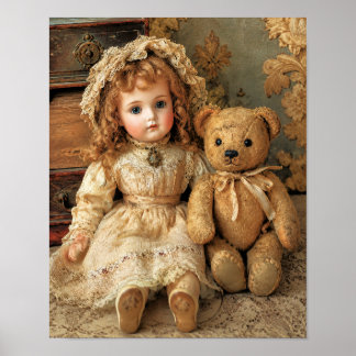 Antique porcelain Doll & Teddy Bear Poster