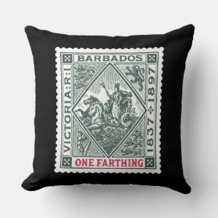 Antique Postage Stamp Barbadoes Green Cushion