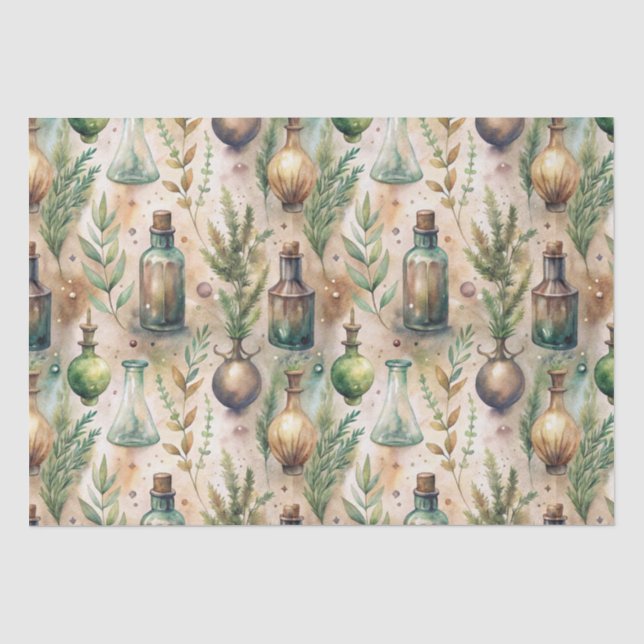 Antique Potion Bottles Green Amber Botanical Tissue Paper (Front)