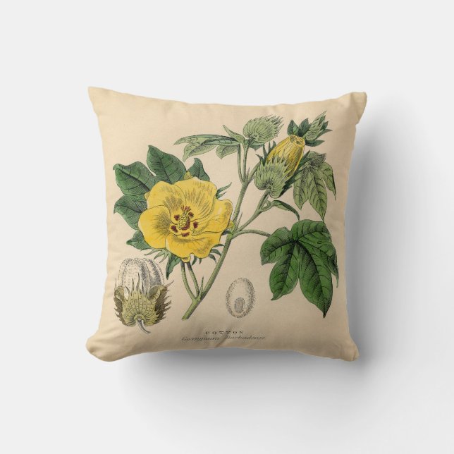 Antique Print Cotton Yellow Flower Throw Pillow (Front)
