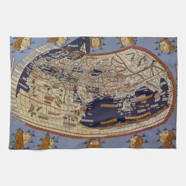 Antique Ptolemaic World Map, Johannes of Arnsheim Tea Towel (Horizontal)