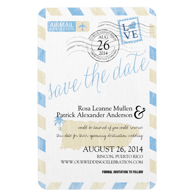 Antique Puerto Rico Airmail Save the Date Magnet (Vertical)