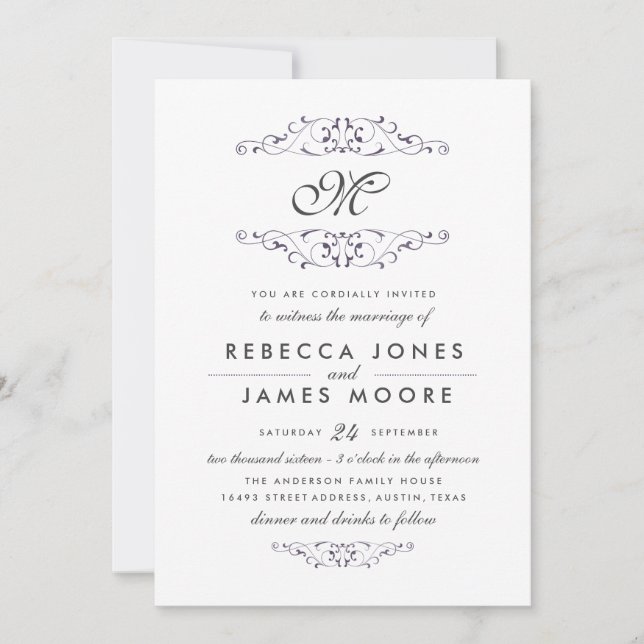 Antique Purple Flourish Monogram Wedding Invite (Front)