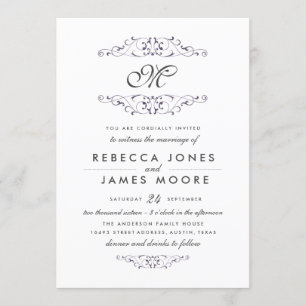 Antique Purple Flourish Monogram Wedding Invite