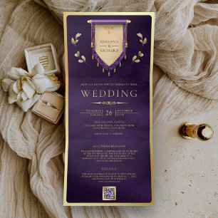 Antique Purple Gold Scroll Mediaeval Wedding Tri-Fold Invitation