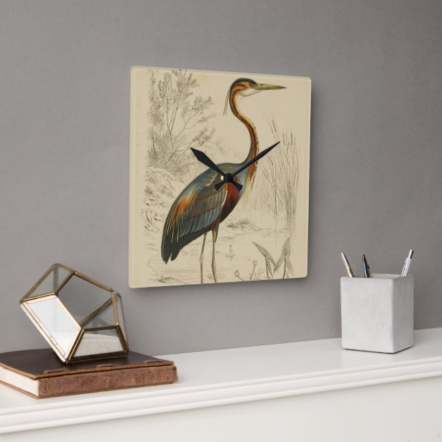 Antique Purple Heron Travies Edouard Print Square Wall Clock (Office)