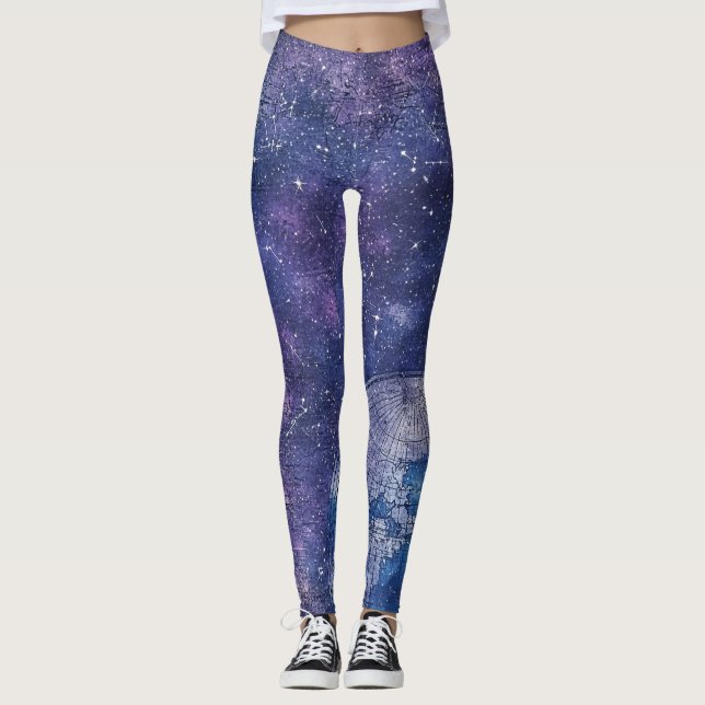 Antique Purple Star Chart World Map Leggings (Front)