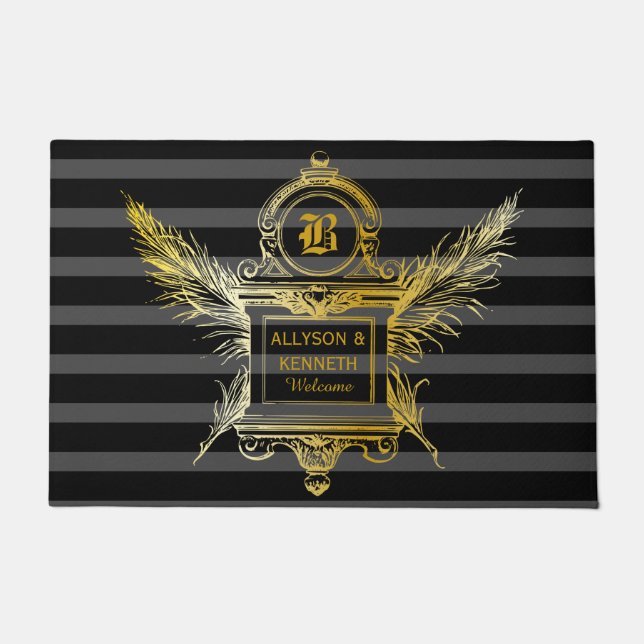 Antique Quill Feathers Classic Gold Frame Monogram Doormat (Front)